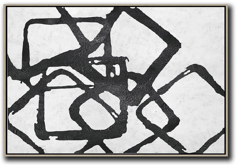 Canvas Wall Paintings,Oversized Horizontal Minimal Geometric Art On Canvas, Black And White Minimalist Painting - Extra Large Paintings